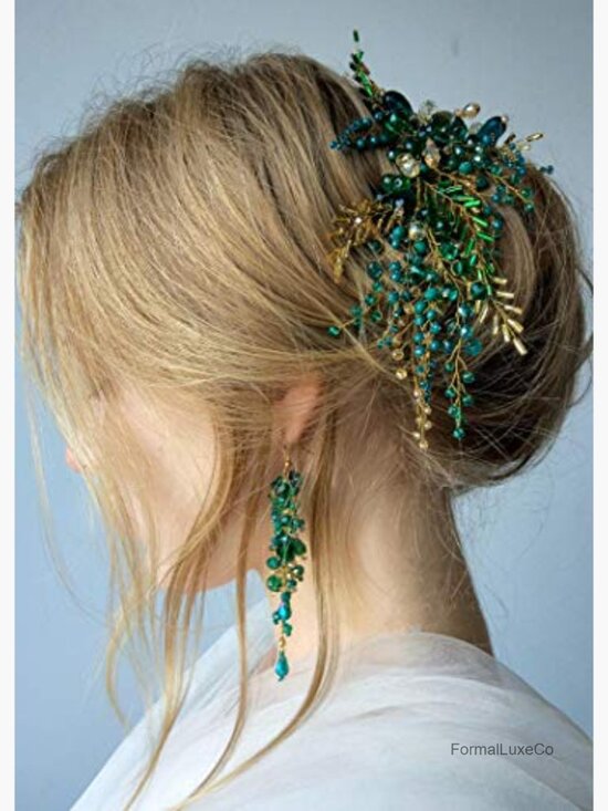 Vintage Green Beads Headpiece with Earrings Gold Headband Wedding Hair main image 2